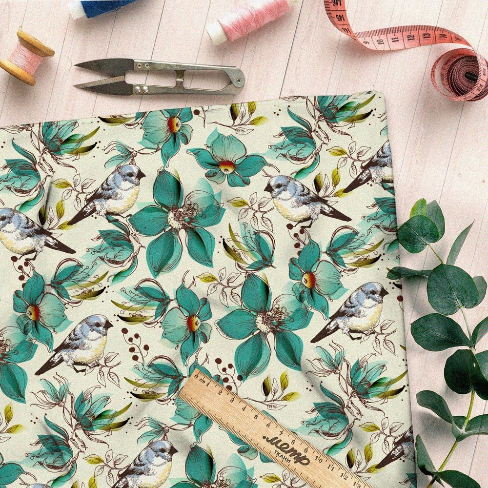 Ткань таффета бирюзовые цветы с птицами