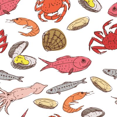 Морские гады: кальмар, краб, рыба, моллюски, устрицы