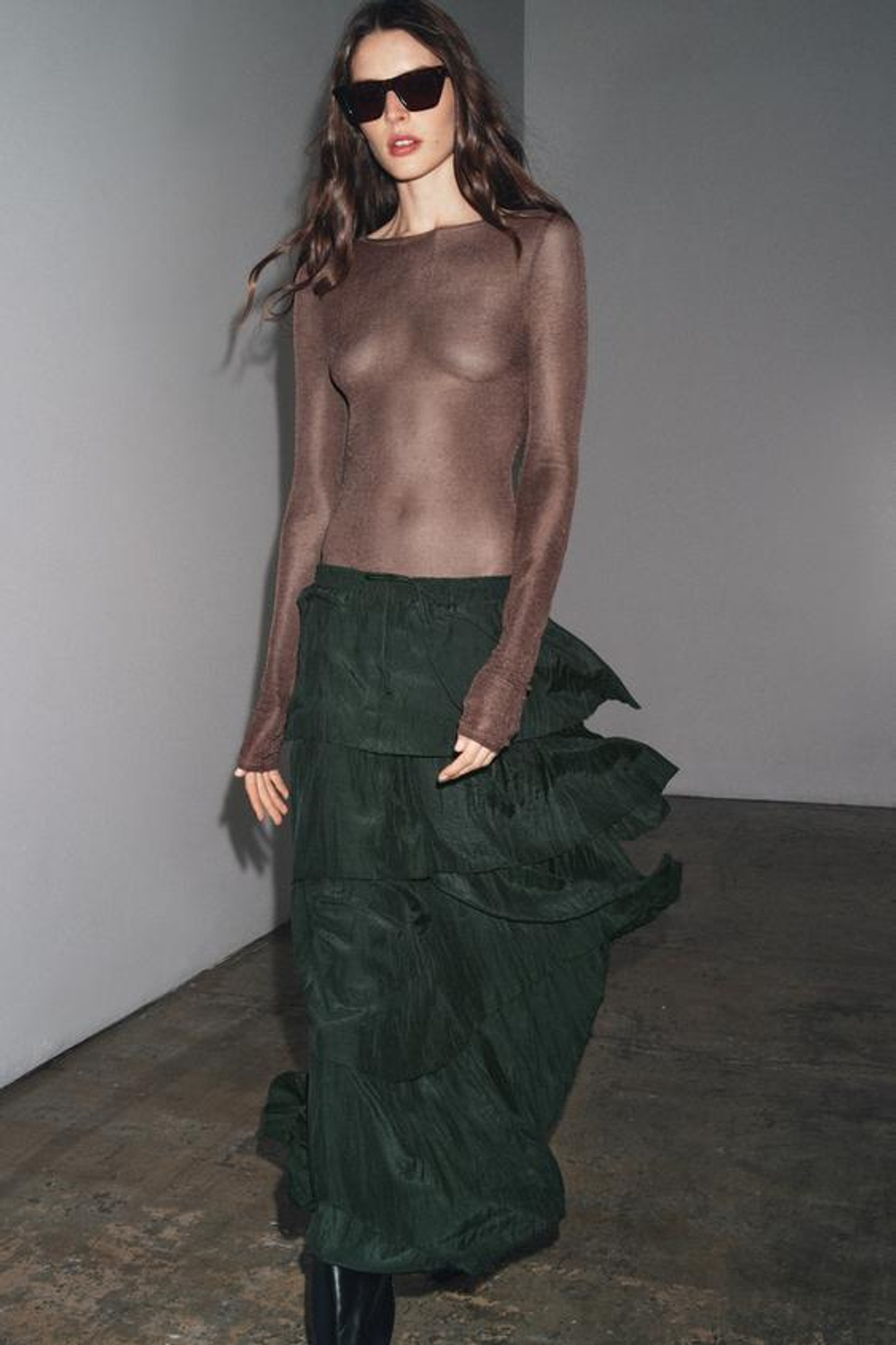 ZARA ЮБКА МИДИ С ВОЛАНАМИ — ZW COLLECTION, ТЕМНО-ЗЕЛЕНЫЙ