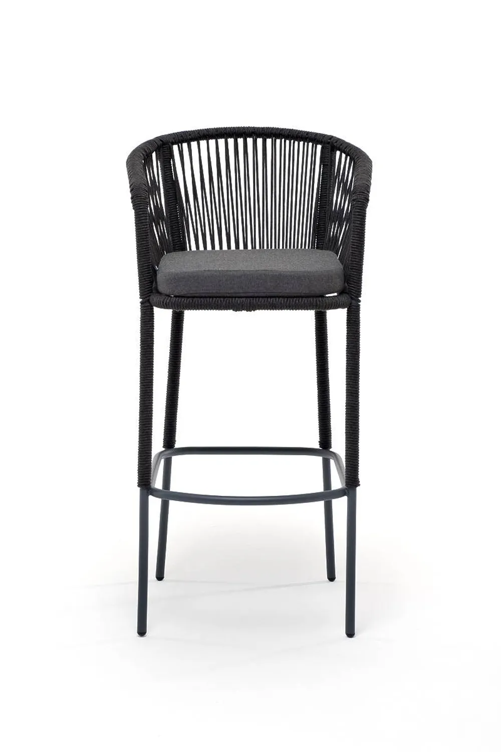 "Марсель" стул барный плетеный из роупа, каркас из стали серый (RAL7022) муар, роуп темно-серый круглый, ткань темно-серая 027