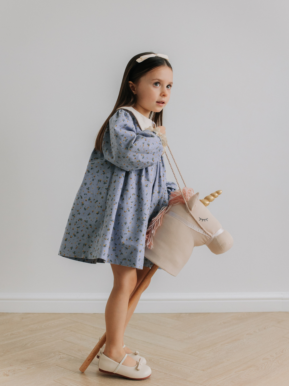 Платье с воротником в цветочек, Голубой