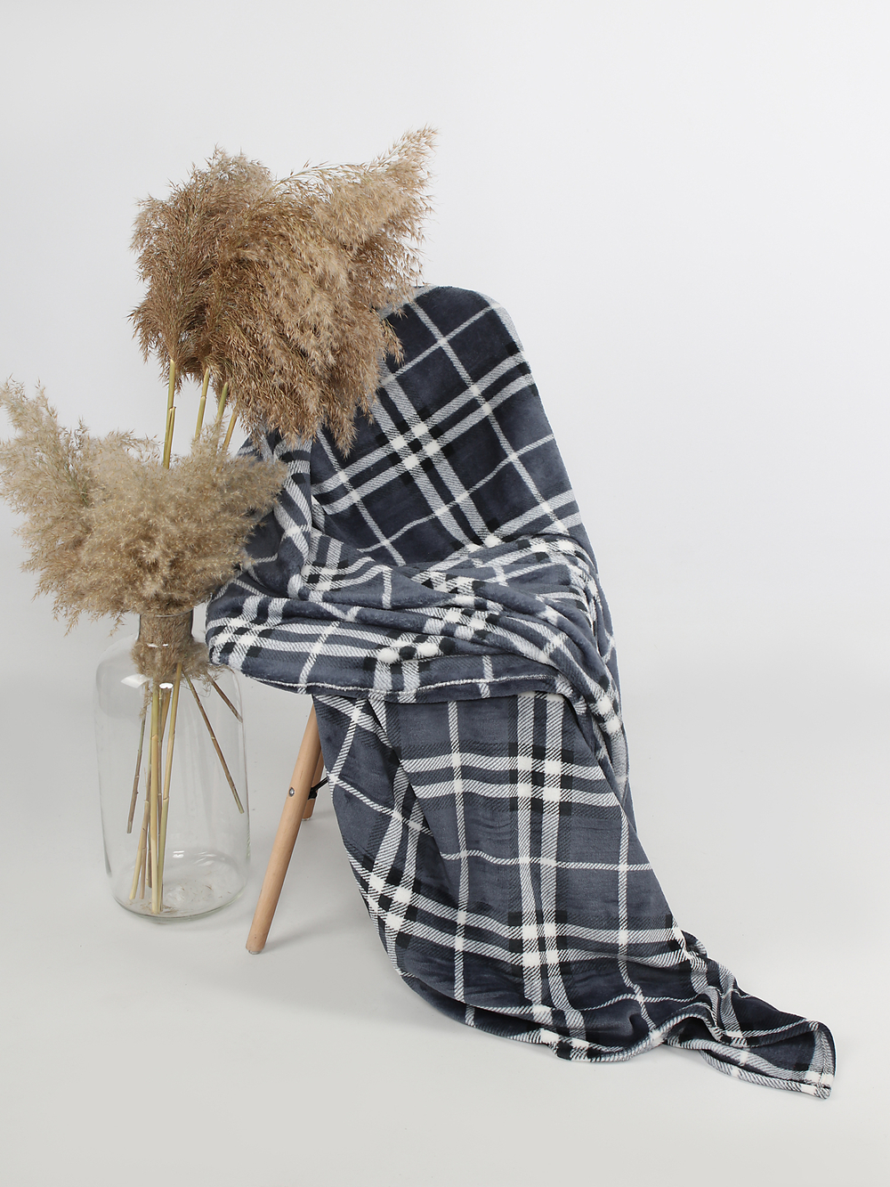 Плед велсофт PRIVAL, серая клетка 180 см х200 см