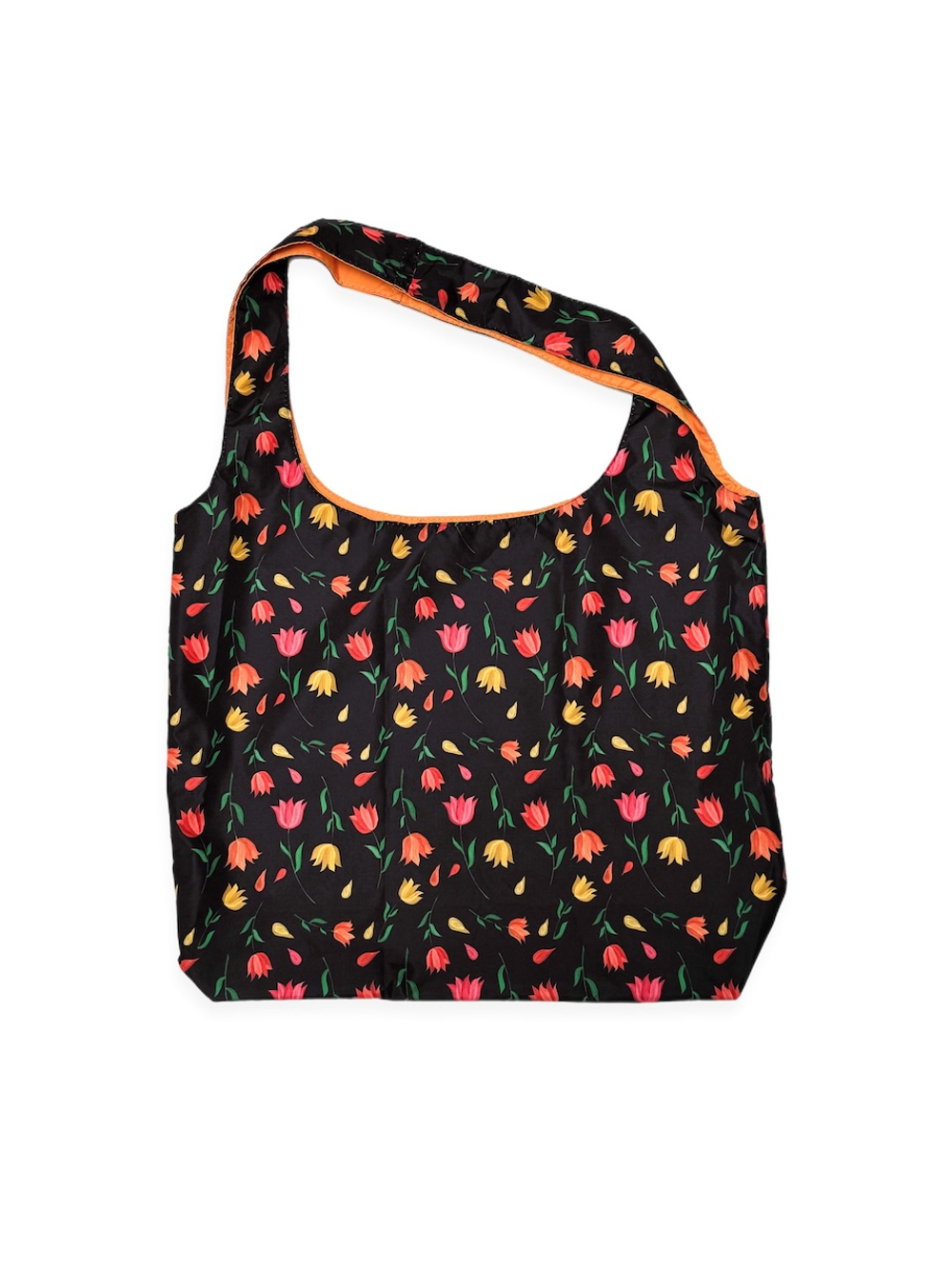 Шоппер - пилигрим "Тюльпаны", чёрный фон, 46х37х9 см