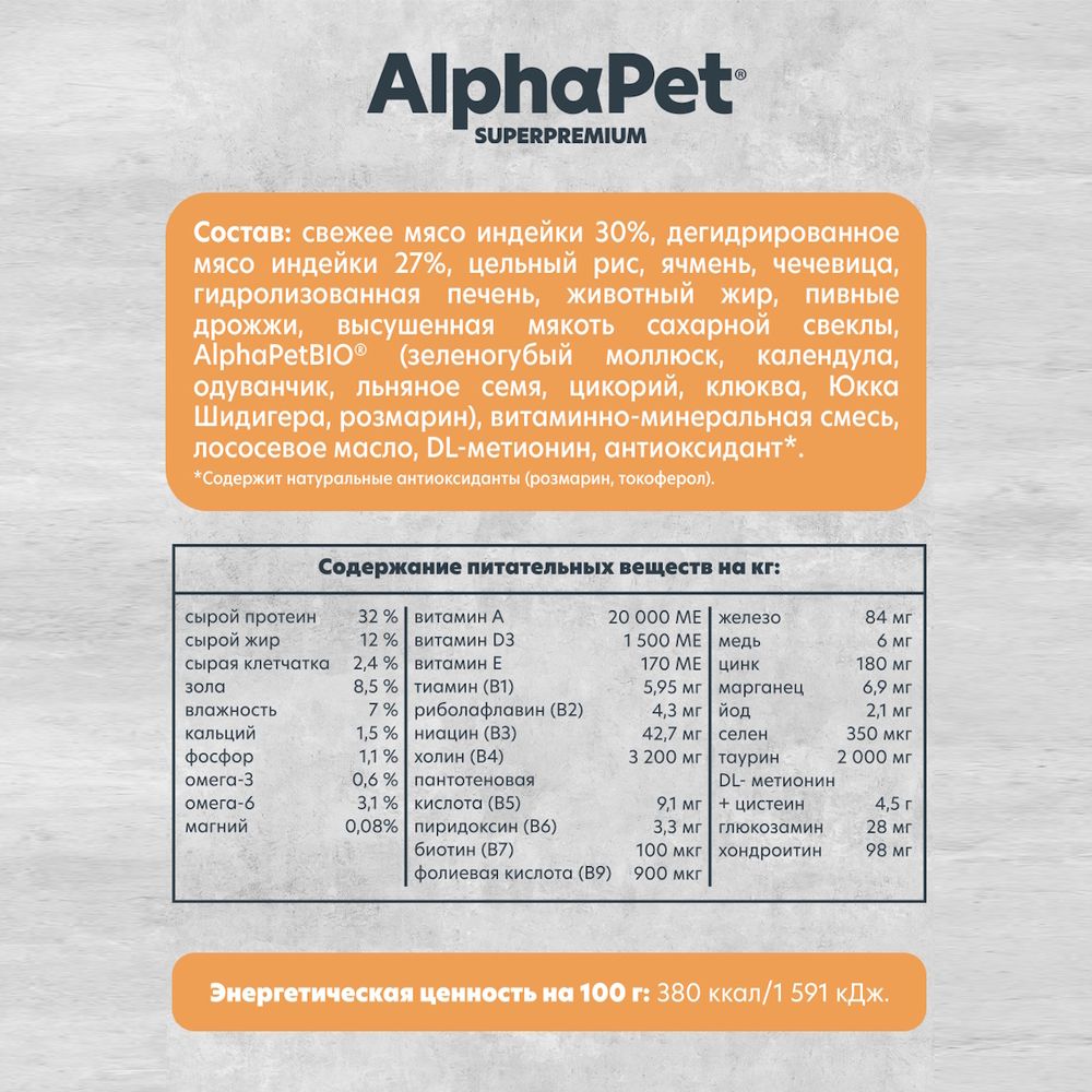 Сухой корм AlphaPet Superpremium Monoprotein для взрослых кошек из индейки