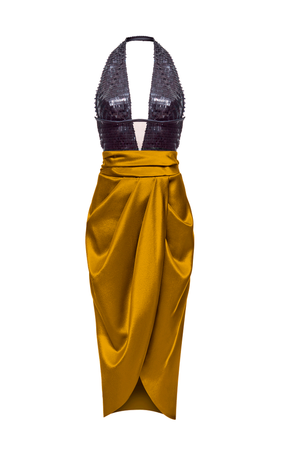 Платье миди из сатина и пайеток драпированное с вырезом