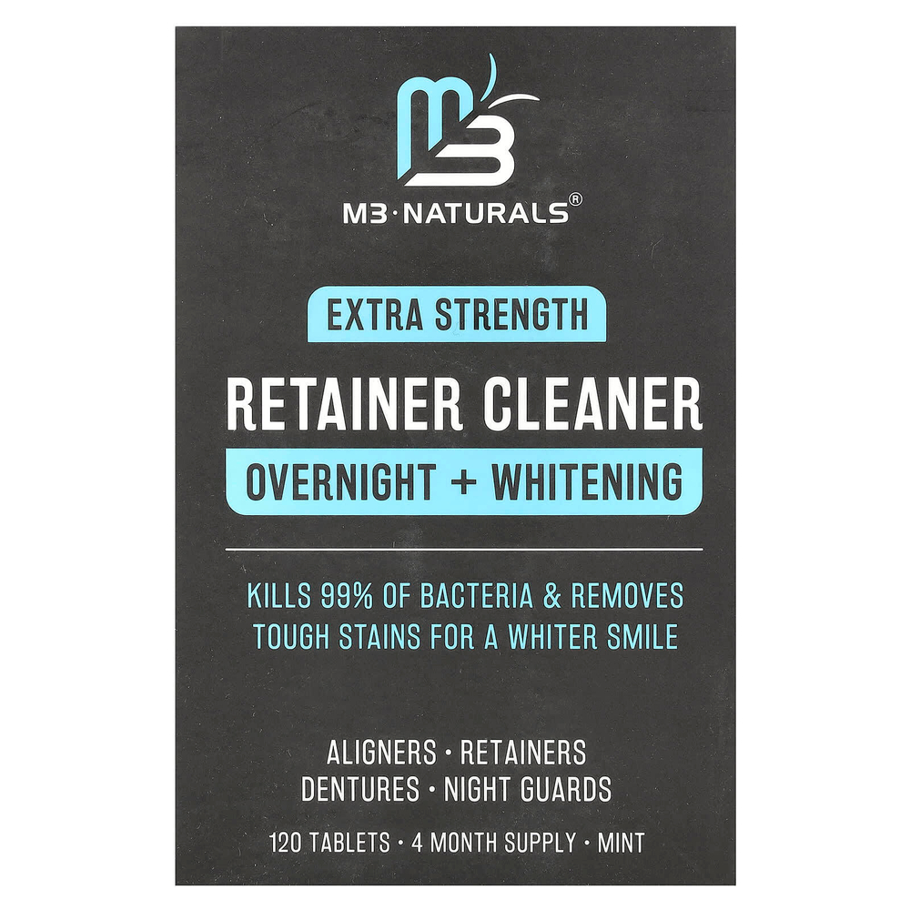 M3 Naturals, Retainer Cleaner, Overnight + Whitening, Extra Strength, Mint, 120 таблеток