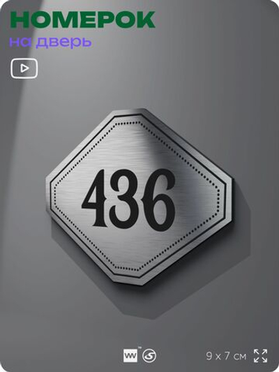 Номерок на дверь квартиры 436, для кабинета, офиса, шильдик 9 х 7 см, брашированная сталь, Айдентика Технолоджи