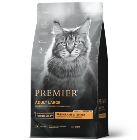 PREMIER 400г Adult Large Fresh Lamb & Turkey
Сухой корм для взрослых кошек Крупных пород Свежее мясо Ягненка с индейкой