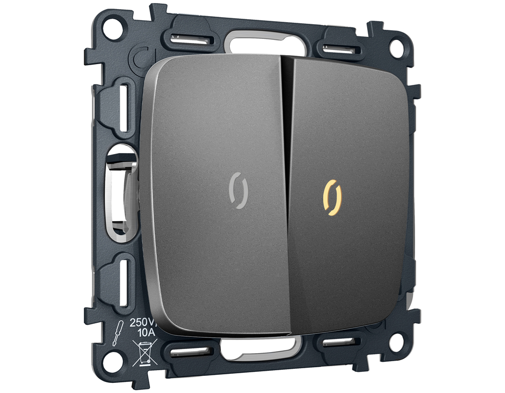 MO654010 Комплект механизма 2-кл выключателя с подсветкой 3200K OMEGA Антрацит серый QUANT (OP6540, VM115, G11Y)