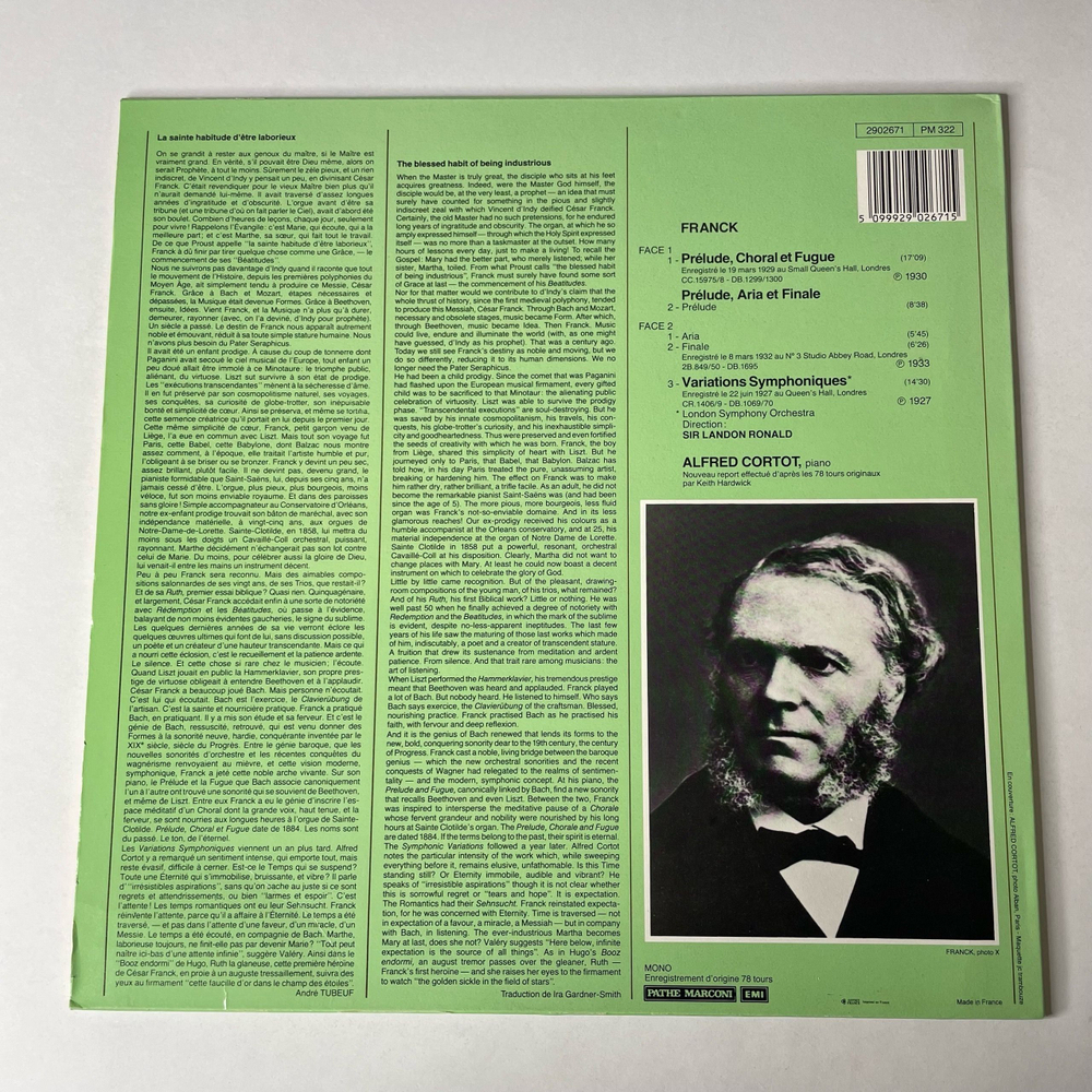 Винтажная виниловая пластинка LP Сезар Франк Franck, Alfred Cortot, Prelude, Choral Et Fugue / Prelude, Aria Et Finale / Variations Symphoniques (Франция 1985)