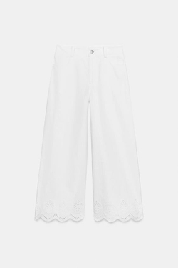 ZARA БРЮКИ КЮЛОТЫ С АЖУРНОЙ ВЫШИВКОЙ, БЕЛЫЙ