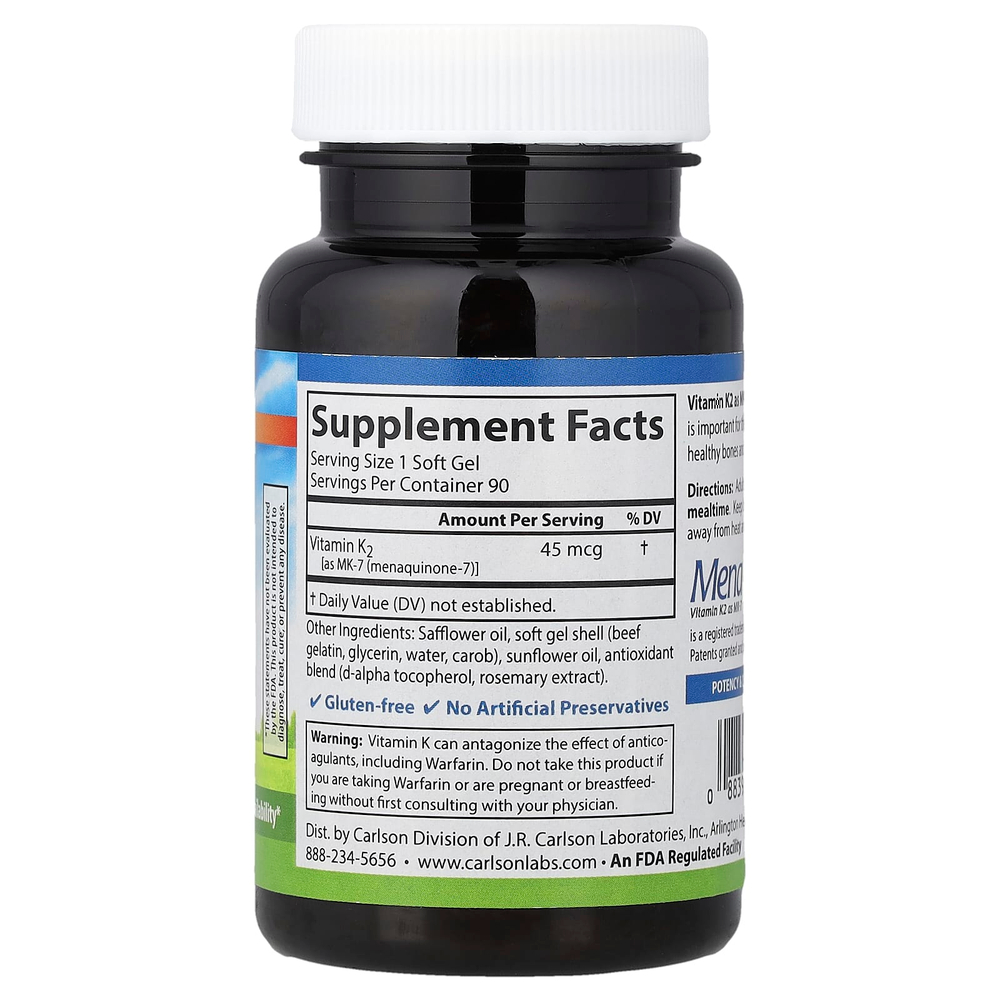 Carlson, витамин K2, 45 мкг, 90 капсул