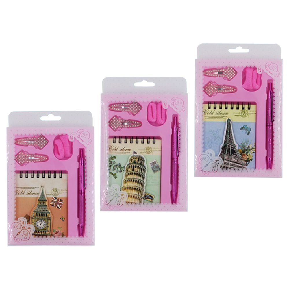 Подарочный канцелярский набор Basir, с блокнотом, автоматической ручкой, резинками и заколками, ассорти