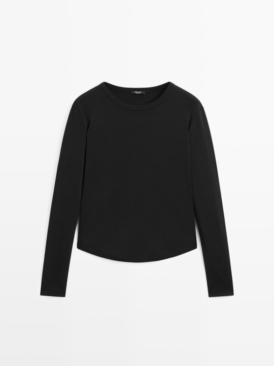 Massimo Dutti Футболка с закругленными краями и длинными рукавами, черный