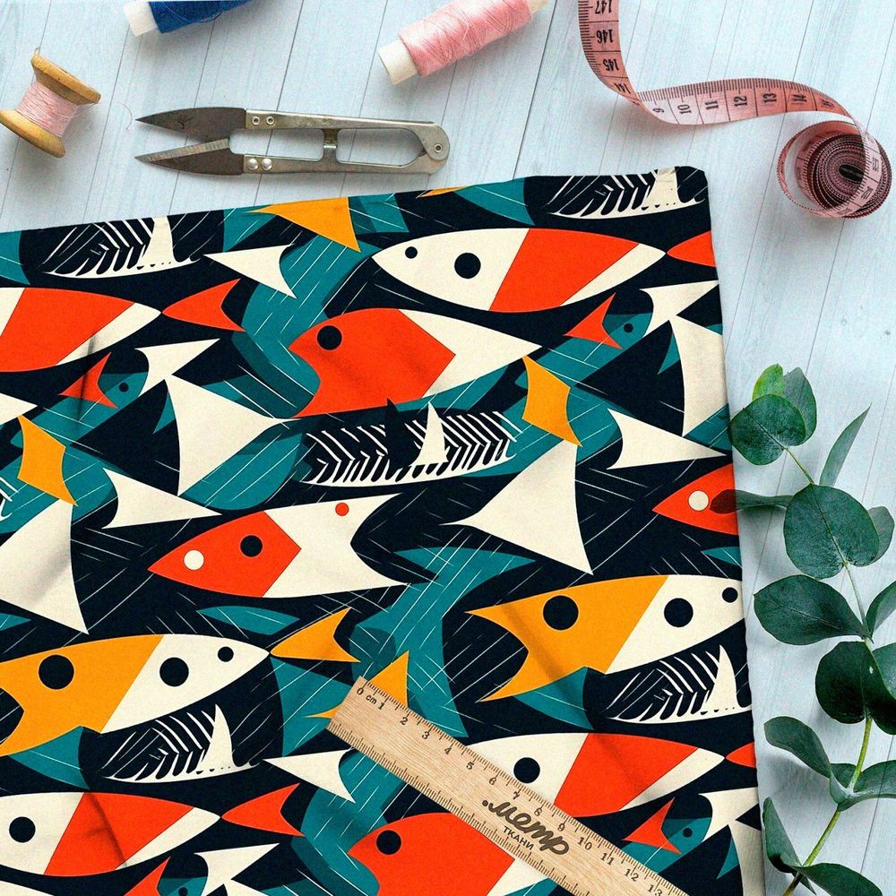 Ткань премиум шелк искусственный Армани абстрактные рыбы