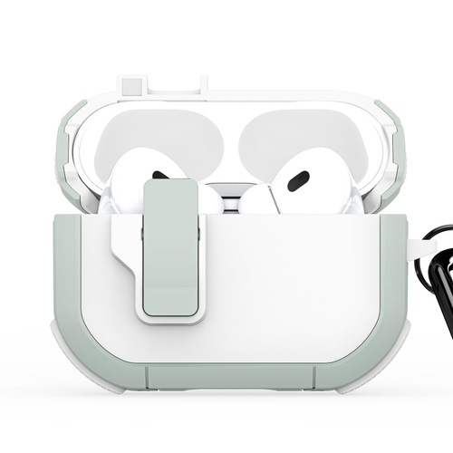 Чехол белый с зелеными вставками (WhiteGreen) от Dux Ducis для наушников AirPods Pro 2, серия PECP Series Case, в комплекте с карабином