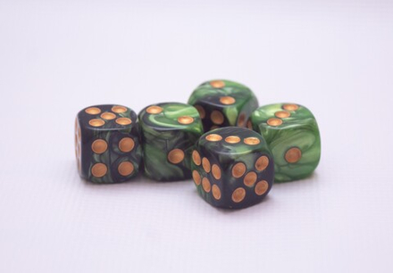 Кости 16 мм. Д6 зелено-черные - 5 шт.