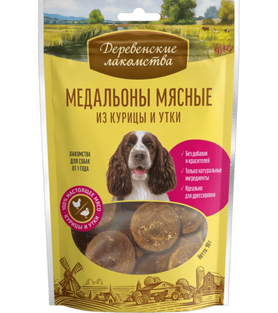 Деревенские лакомства Для собак Медальоны мясные из курицы и утки 90гр.