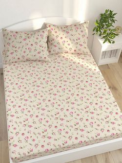 Постельное белье перкаль Сказка "Розовые бутоны на бежевом" семейное Наволочка 50х70 см 2 шт Простынь на резинке 160x200 см Пододеяльник 145x215 см 2шт
