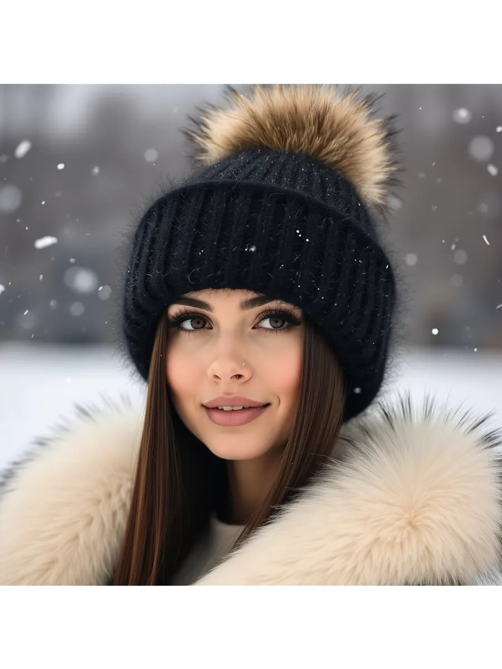 шапка ангора с меховым помпоном зимняя пушистая стильная