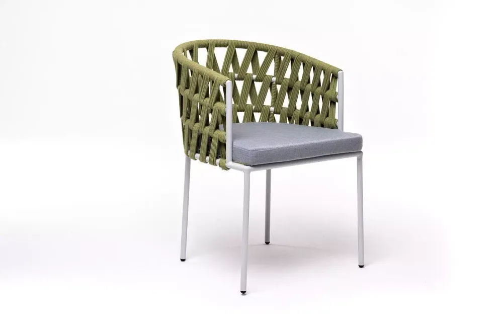 "Диего" стул плетеный из роупа, каркас из стали светло-серый (RAL7035) шагрень, роуп салатовый меланж круглый, ткань светло-серая