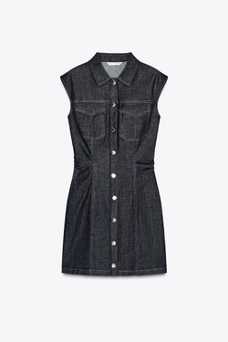 ZARA ДЖИНСОВОЕ МИНИ-ПЛАТЬЕ Z1975 СО СБОРКАМИ, СИНИЙ