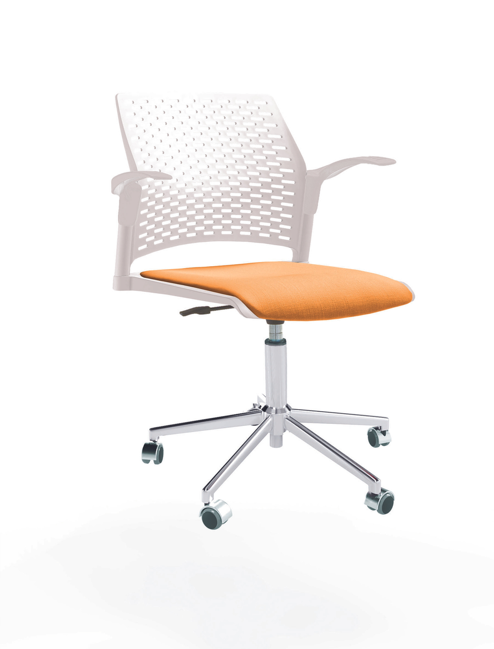 Кресло Rewind каркас хром, пластик белый, база стальная хромированная, с открытыми подлокотниками, сиденье оранжевое