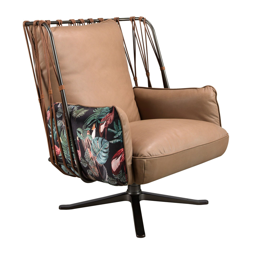 Кресло поворотное 5168 из коричневой кожи и ткани с коричневым принтом