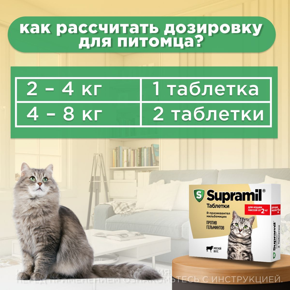 Таблетки от гельминтов для кошек от 2кг Супрамил (Supramil), 2таб. Празиквантел/Мильбемицин