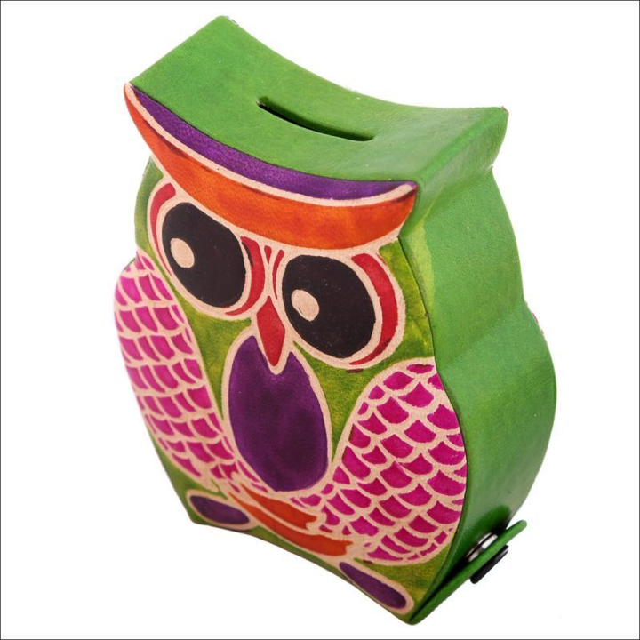 Копилка под мелочь зеленая, Сова, розовые крылья, натуральная кожа, ручной принт 12x10x3 см.