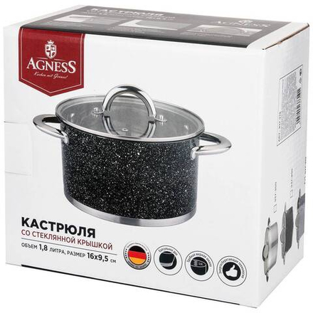 КАСТРЮЛЯ AGNESS СО СТЕКЛЯННОЙ КРЫШКОЙ, НЕРЖ.СТАЛЬ, СЕРИЯ BLACK MARBLE 1,8Л 16Х9,5СМ (КОР=6ШТ.)