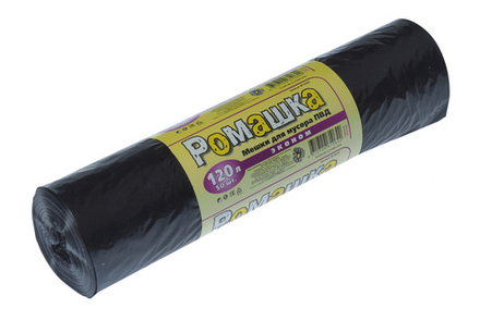 Мешки для мусора Эконом 120л 50 шт/уп 25мкм 70смх110см черные вес рулона 1300г вес мешка 26г ПВД дно плоское,без шва и боковых фальцев Ромашка ВР-0069