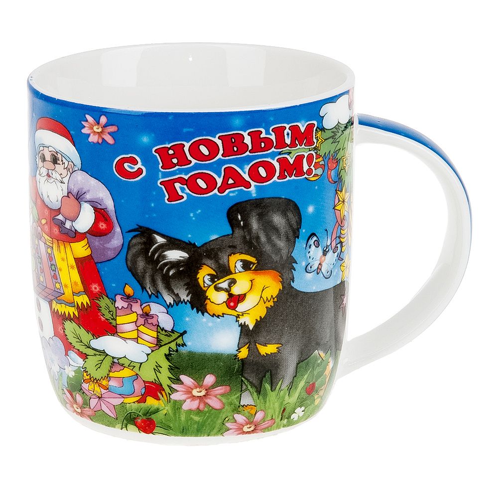 Кружка керамическая "Собачки с Дедом Морозом" 380мл. (4вида) (min12) (подарочная упаковка)