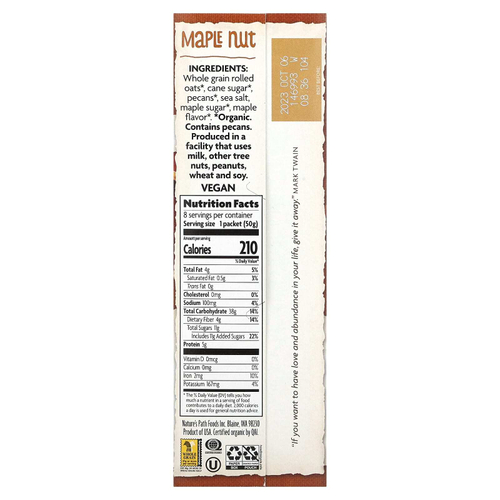 Nature's Path, Органическая овсянка быстрого приготовления, кленовый орех, 8 пакетиков, 400 г (14 унций)