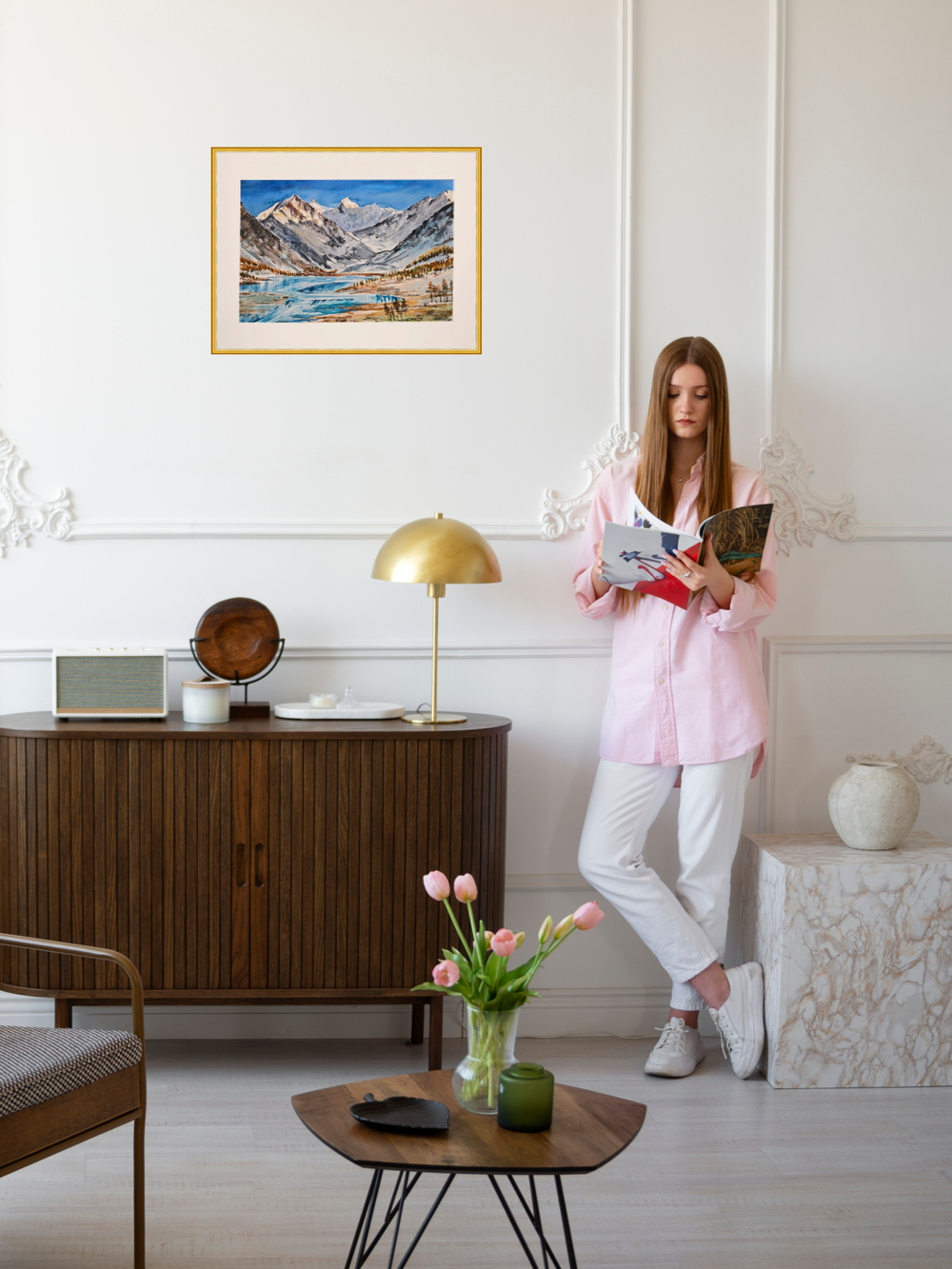 Картина авторская акварельная в паспарту 40х50 см на стену для интерьера "Белуха и Ак-Кем. Горный Алтай"