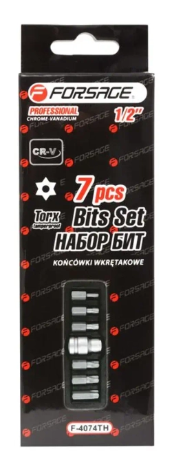 Набор бит TORX с отверстием и битодержателем,7пр.1/2''(L:30мм,Т25,Т30,Т40,Т45,Т50,Т55), в ложементе Forsage F-4074TH