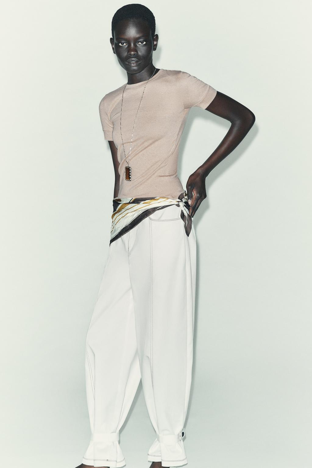 ZARA МИНИМАЛИСТИЧНАЯ ФУТБОЛКА С КОРОТКИМИ РУКАВАМИ, БЕЖЕВЫЙ МЕЛАНЖ