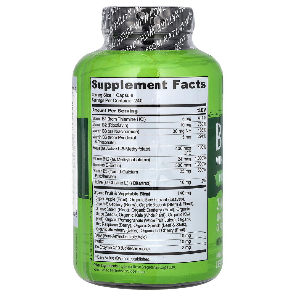 NATURELO, Комплекс витаминов группы B со смесью фруктов и овощей, плюс коэнзим Q10, 240 вегетарианских капсул