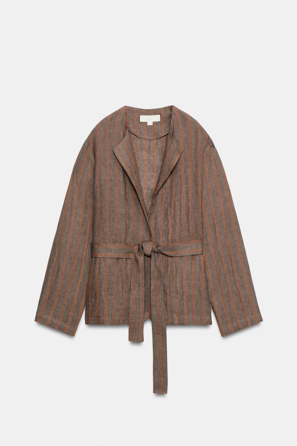 ZARA БЛЕЙЗЕР ИЗ 100% ЛЬНА В ПОЛОСКУ, КОРИЧНЕВЫЙ