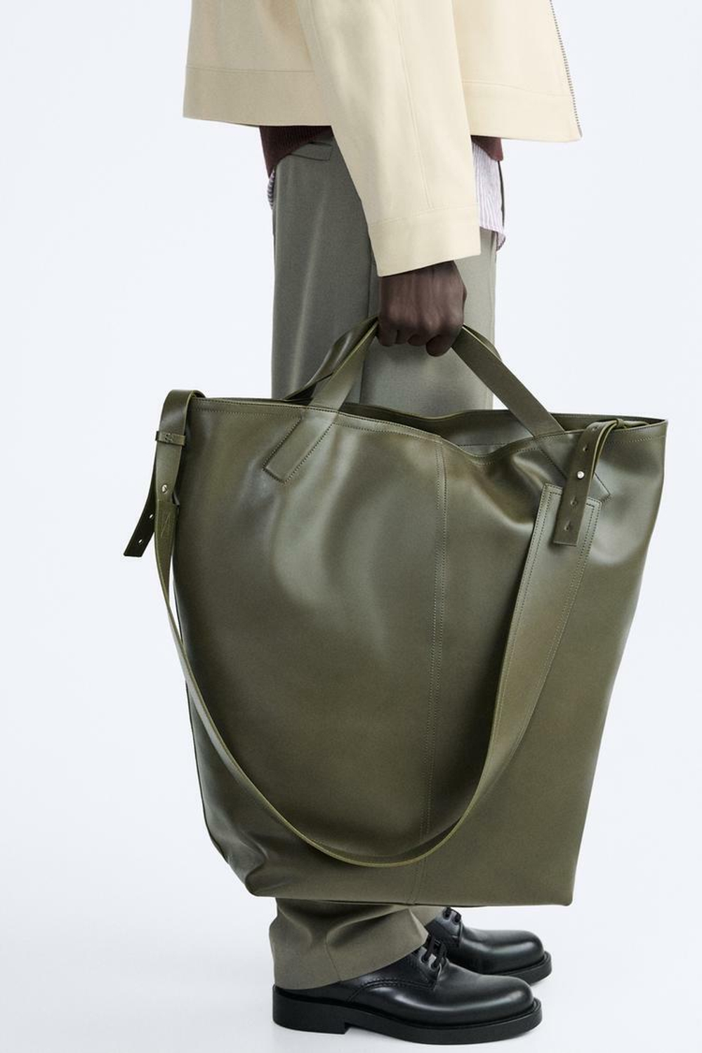 ZARA CУМКА-ШОПЕР КОЖАНАЯ, ЗЕЛЕНЫЙ