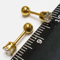 Микроштанга ( 6 мм) для пирсинга уха с белым кристаллом. Медицинская сталь. Золотистая 1 шт.
