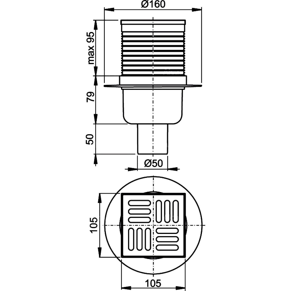 Трап 50 AlcaPlast 10,5 см х 10,5 см (32APV)