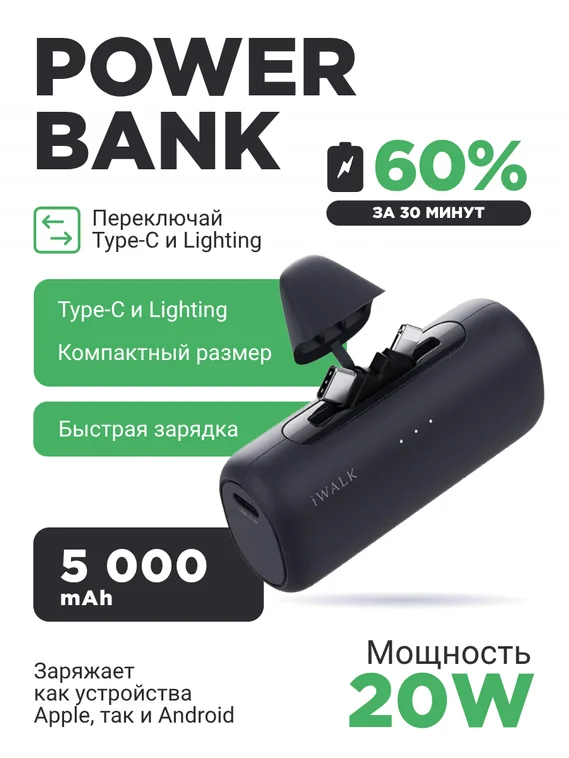 Внешний аккумулятор iWalk, с сдвоенным разъемом USB-C/Lightning,  5000 mAh 20W, черный