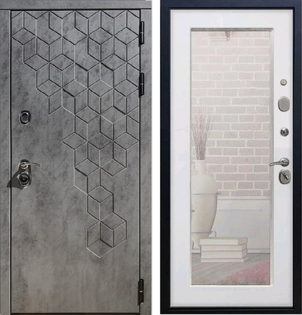 Входная металлическая дверь  с зеркалом RеX (РЕКС) 23 Пчела Бетон темный / Пастораль Белый ясень (текстура дерева)