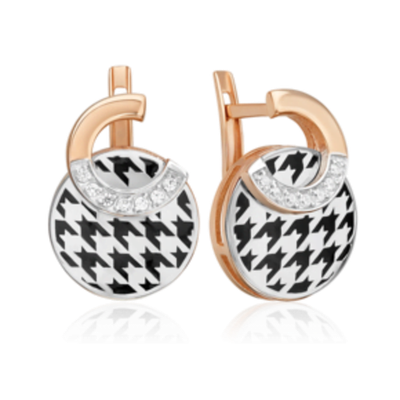 Серьги с принтом «Гусиная лапка» из комбинированного золота c фианитами и эмалью Артикул: 02-5199-00-401-1111