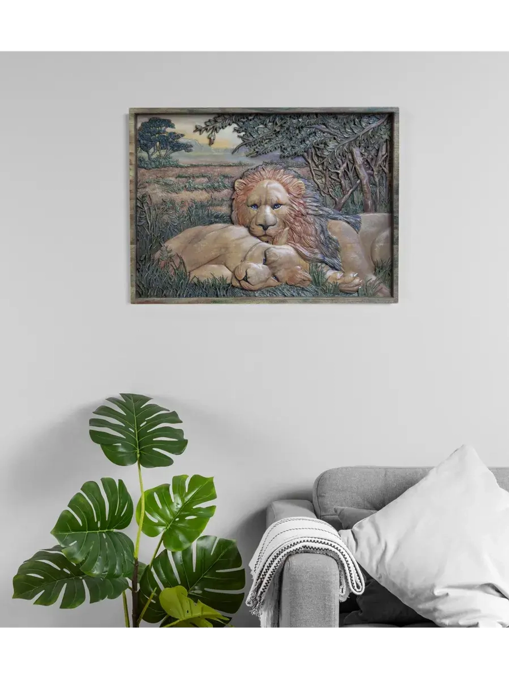 Картина из дерева "Львы на отдыхе" 41х30х4,5 см