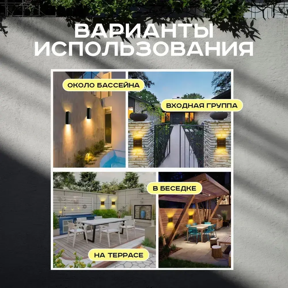 Светильник для огорода настенный с датчиком света на солнечной батарее (Холодный белый) х 4 шт