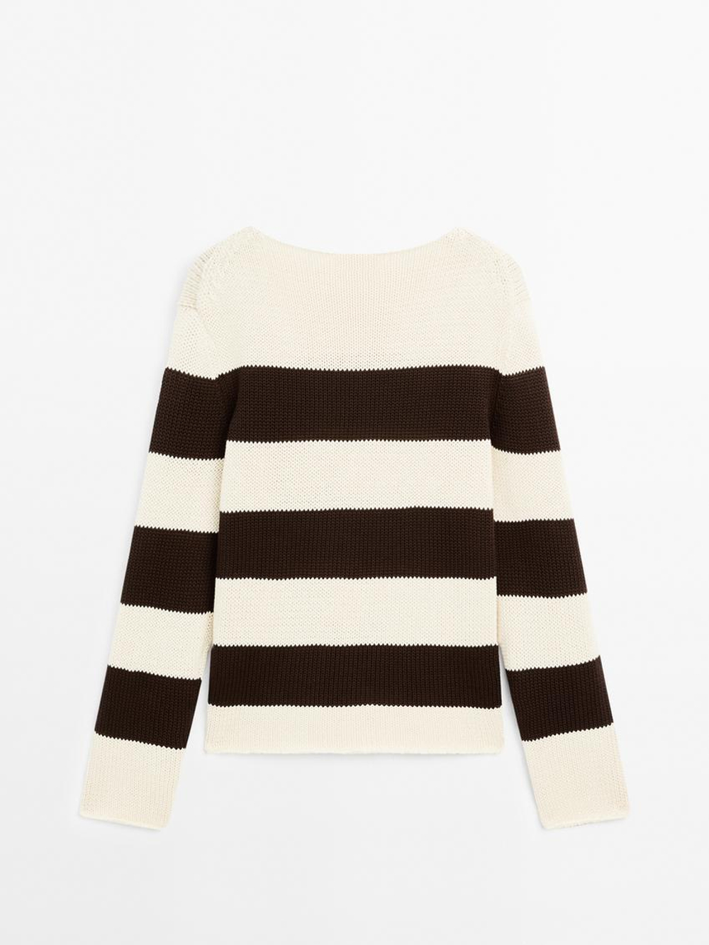 Massimo Dutti Трикотажный свитер в полоску из 100% хлопка, натуральный, кремовый