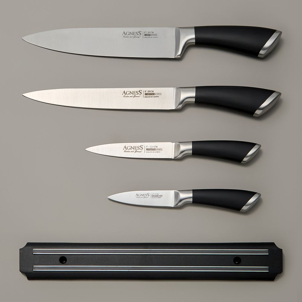 НАБОР НОЖЕЙ AGNESS 5 ПР.С МАГНИТНЫМ ДЕРЖАТЕЛЕМ И РУЧКОЙ ИЗ НЕРЖ.СТАЛИ