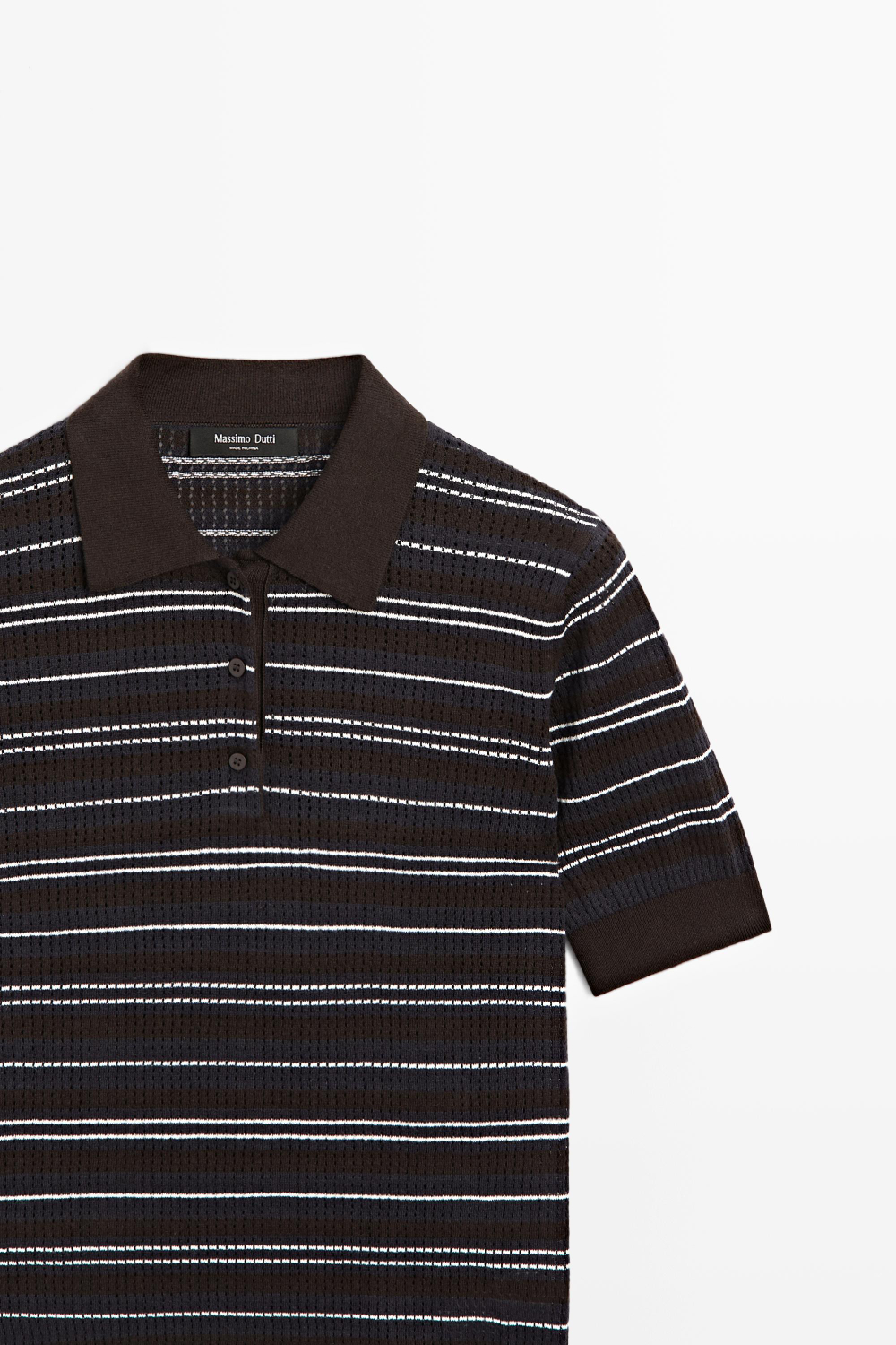 Massimo Dutti Футболка поло из смесовой хлопковой ткани в полоску с ажурным узором, синий